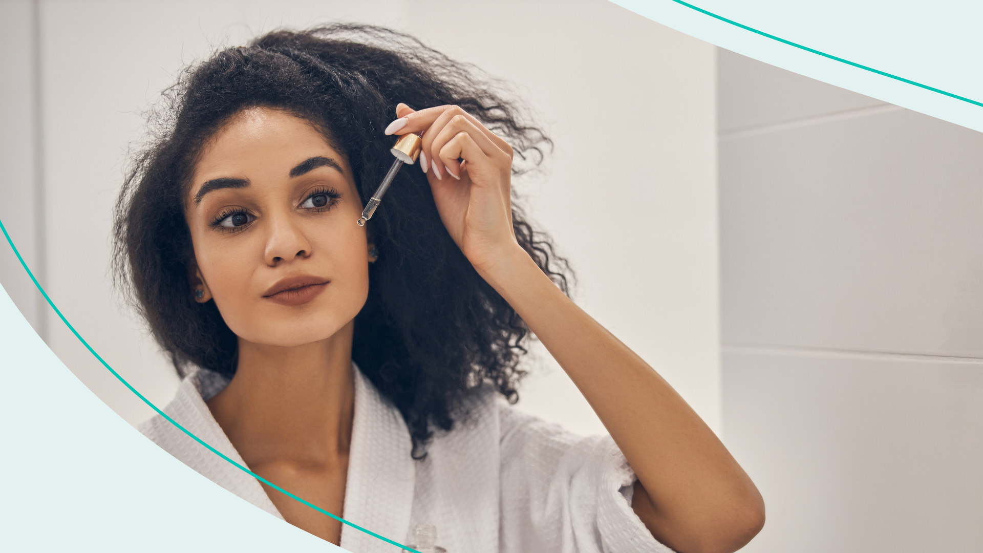 A woman in the bathroom applying a serum to her face