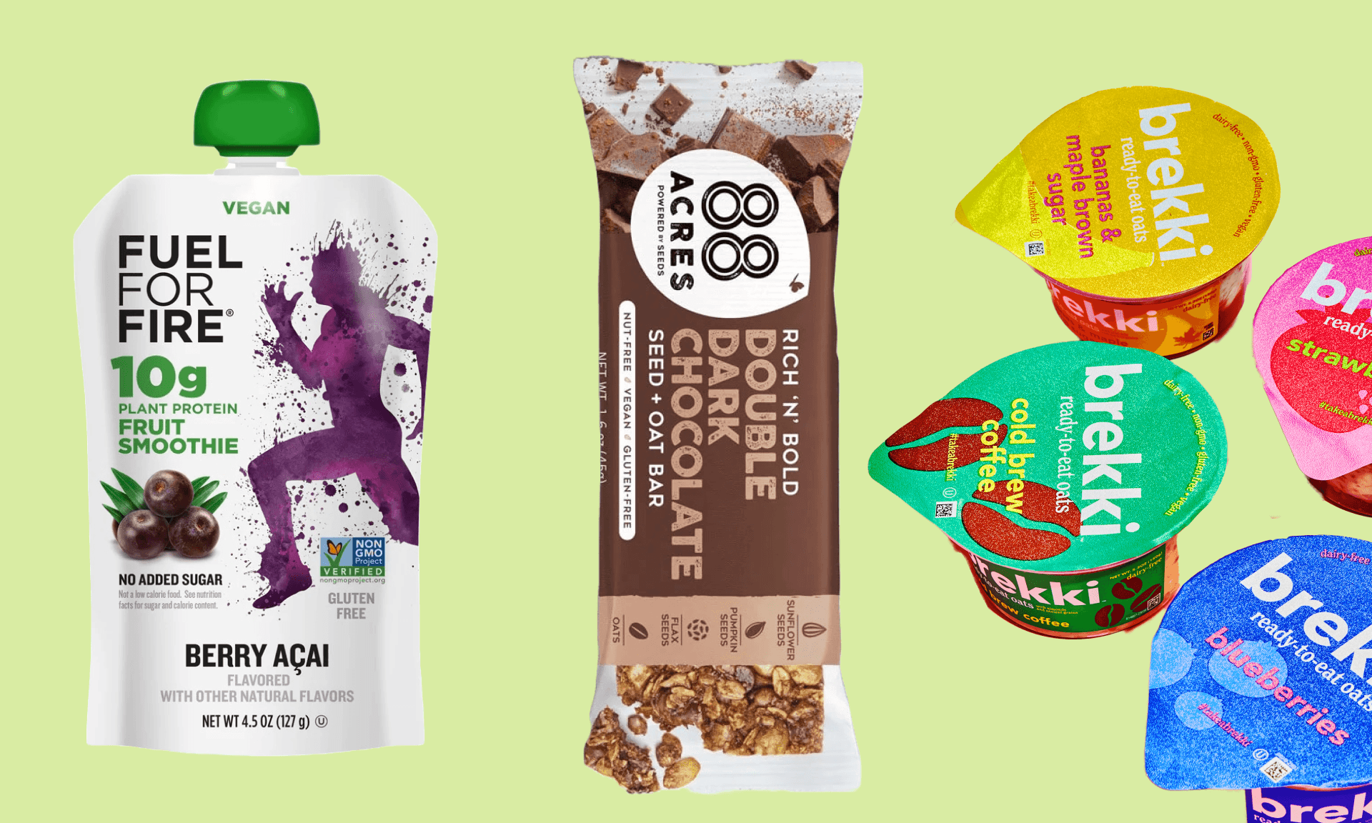 A Fuel for Fire Fruit Smoothie pouch, an 88 Acres Double Dark Chocolate Seed + Oat bar, and four Brekki Ready to Eat Oats cups