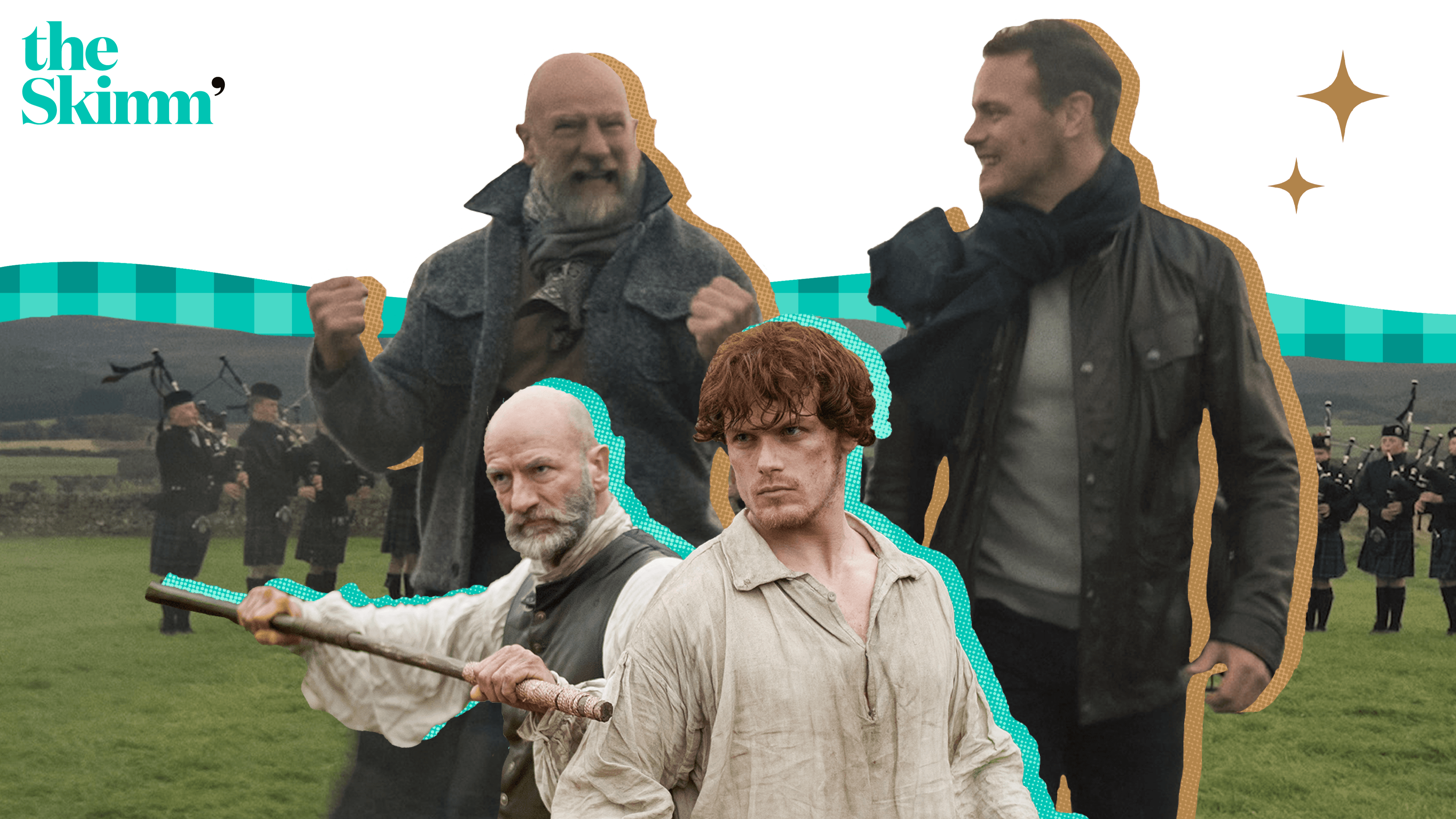 Treated photo of "Men in Kilts" hosts and "Outlander" characters in Scotland