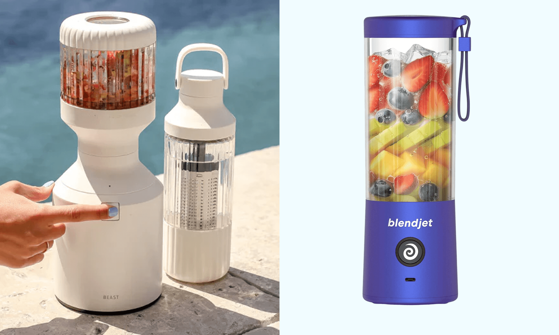 Person pressing start button on white blender next to pool; iridescent blue blender with fruit inside