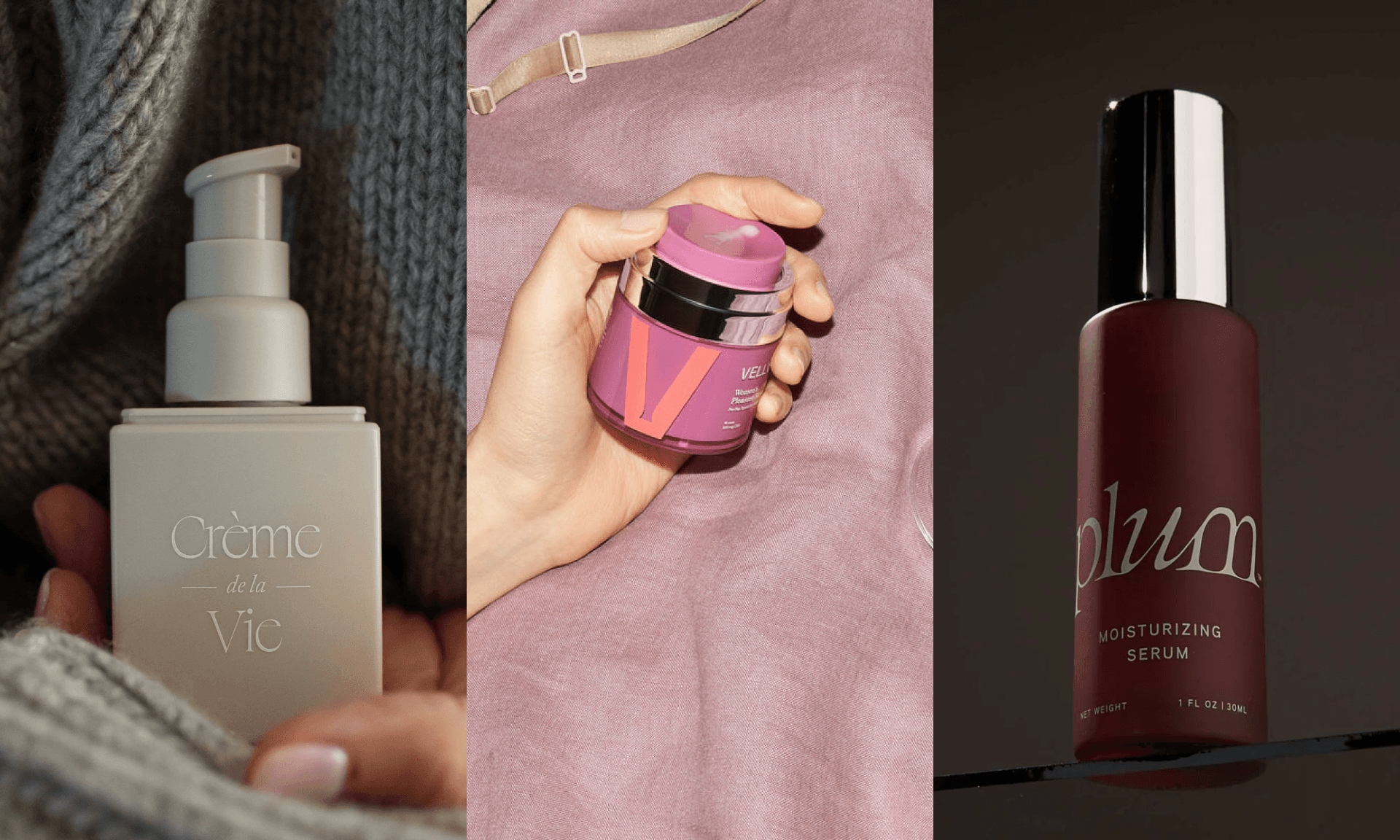 Taupe bottle with pump; hand holding pink jar with orange writing on pink duvet; dark purple bottle with stainless steel top on dark olive background