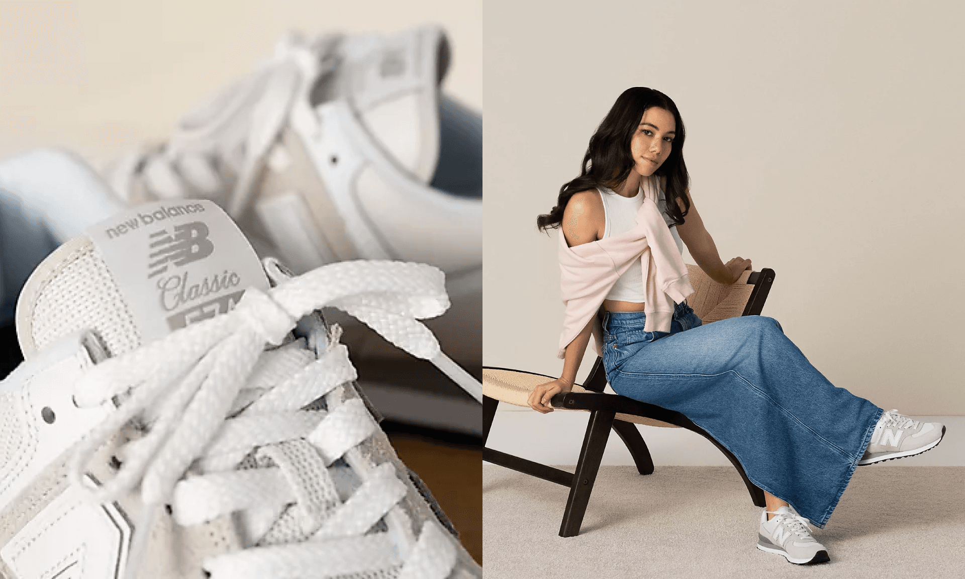 Close-up of New Balance 574s; woman in baggy jeans wearing New Balance 574s